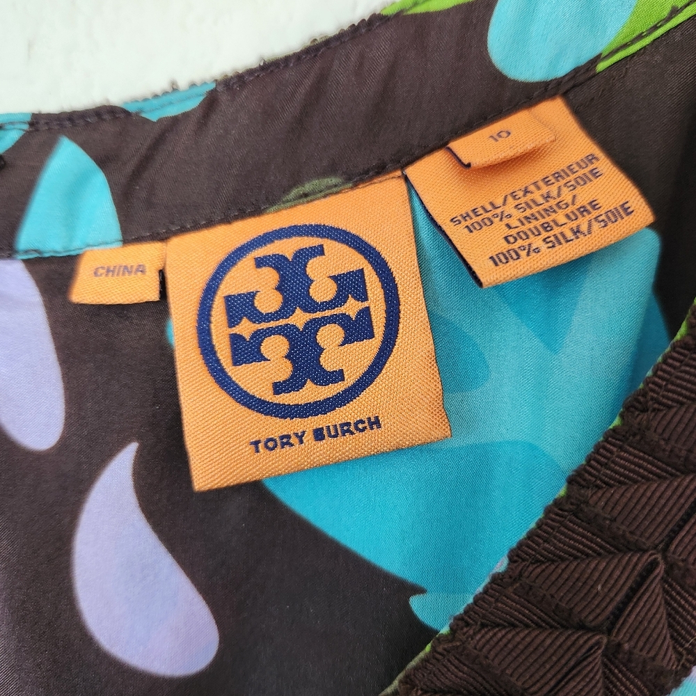 Tory Burch Short Silk Sleeveless Dress Brown/Blue/Green Pleats Size 10 - Picture 5 of 8